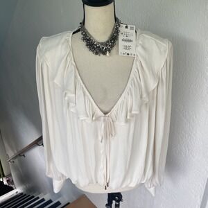 Zara NWT Women's Ivory Ruffle V-Neck 3/4 Sleeve Poets Style Blouse size M